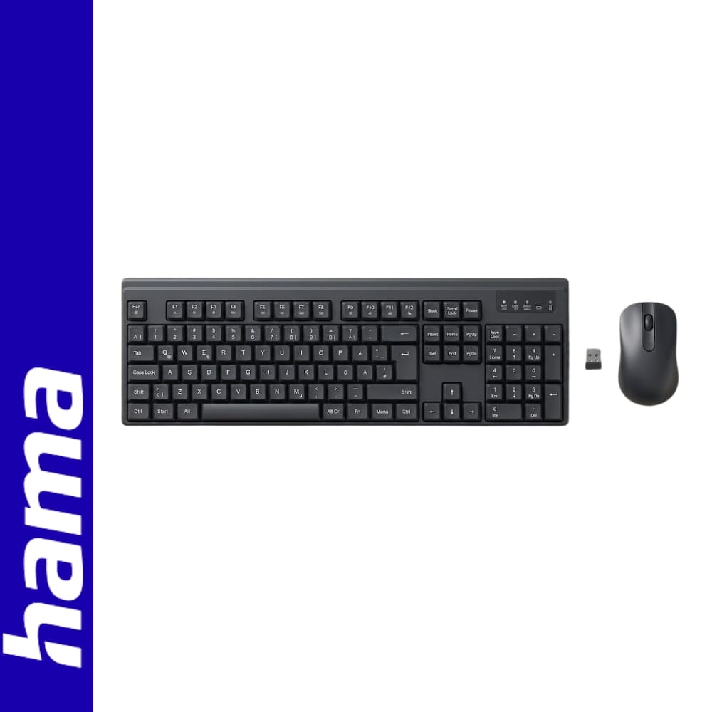hama WKM-100 طقم كيبورد وماوس لاسلكي – حجم كامل 100% بمفاتيح عربية – غشاء مطاطي – لاسلكي 2.4 جيجاهرتز – مفاتيح صامتة – أسود(ضمان 5 سنين )